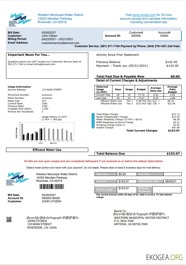 USA Western Municipal Water District utility bill template in Word and PDF format